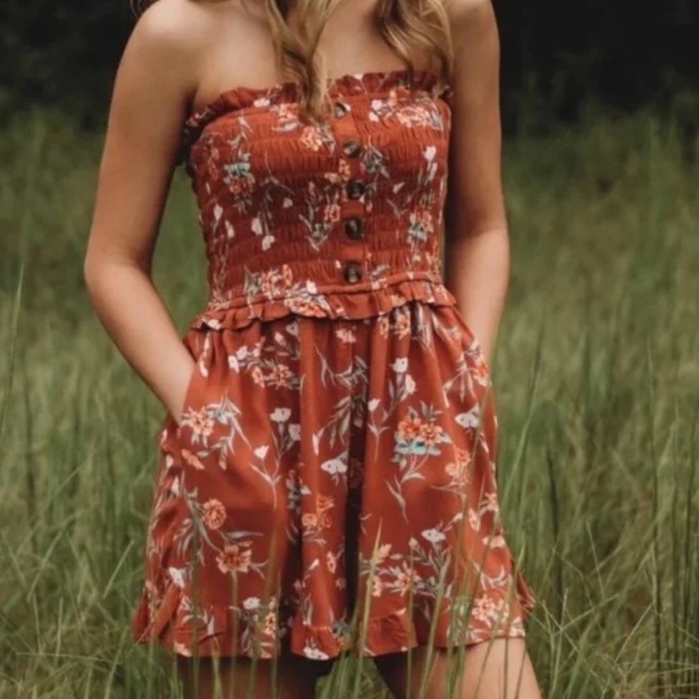 American Eagle Outfitters Rust Floral Strapless Romper